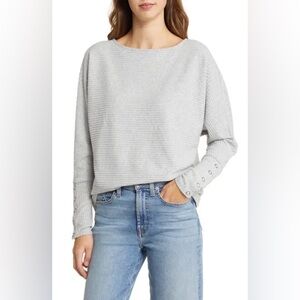 Caslon Nordstrom ribbed grey long sleeve sweater shirt size large button sleeve